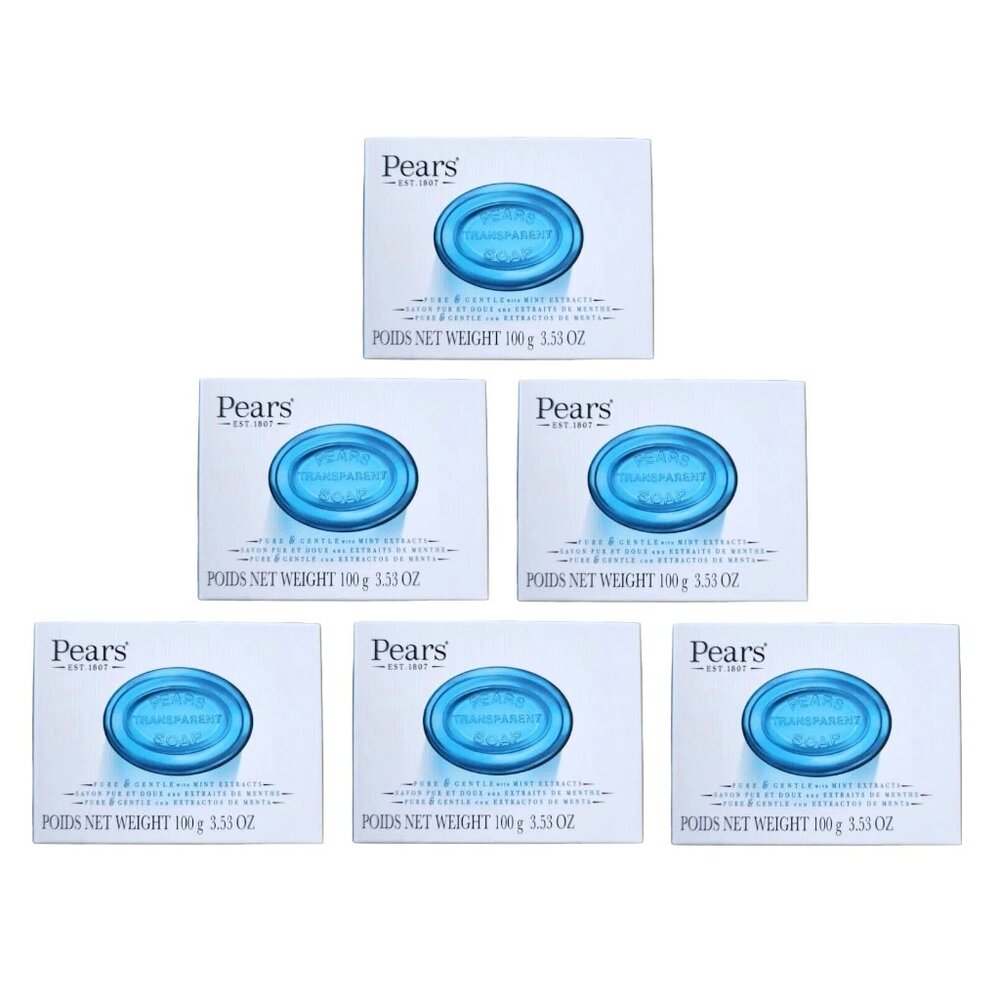 6 Pears Glycerin Soap Bars, Pure & Gentle Transparent Blue w/ Mint Extract 3.5oz